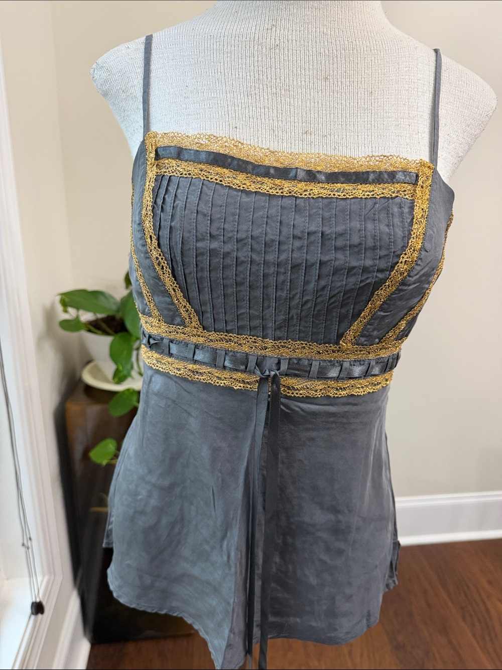 Gray Silk Lace-Trim Camisole with Gold Accents